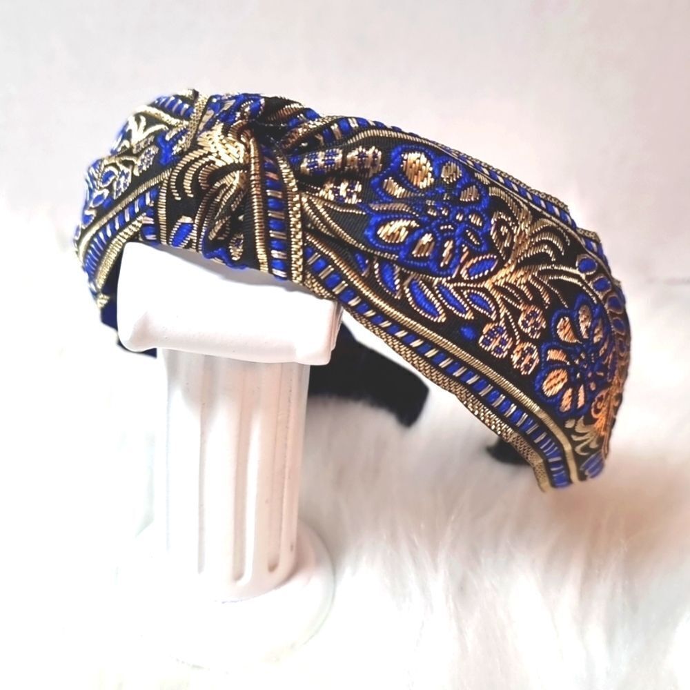 Gold and Royal Blue Embroidered Knot Headband - Women’s Hair Accessory